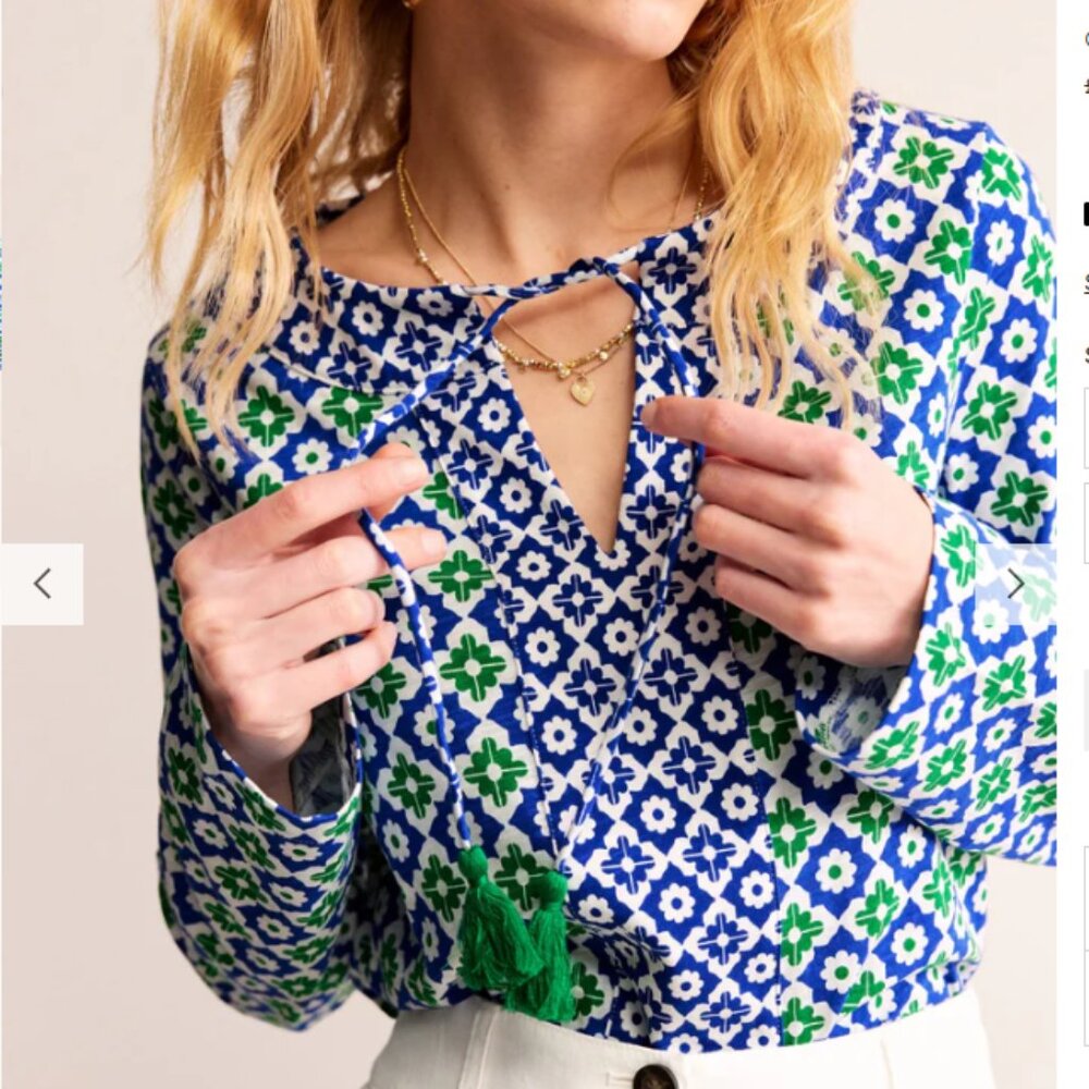Boden Blue & Green Geometric Tassel Tie Blouse